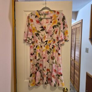 Absolutely Famous Floral‎ Mini Dress Large Pink Yellow Boho Smocked Waist Ruffle